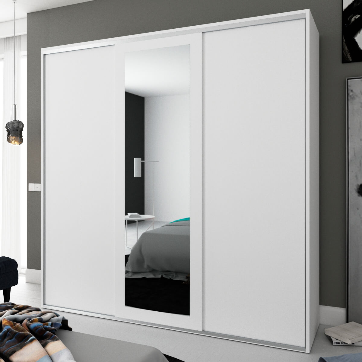 Objetivo editorial Cubo Armario 3 puertas correderas con espejo Blanco nieve Viena, 234x232x60 cm -  Mueblam